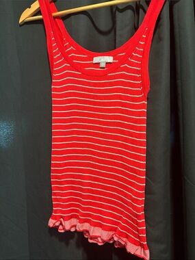 J. Crew Red and White Striped Ribbed Scoop Tank with Ruffle Hem